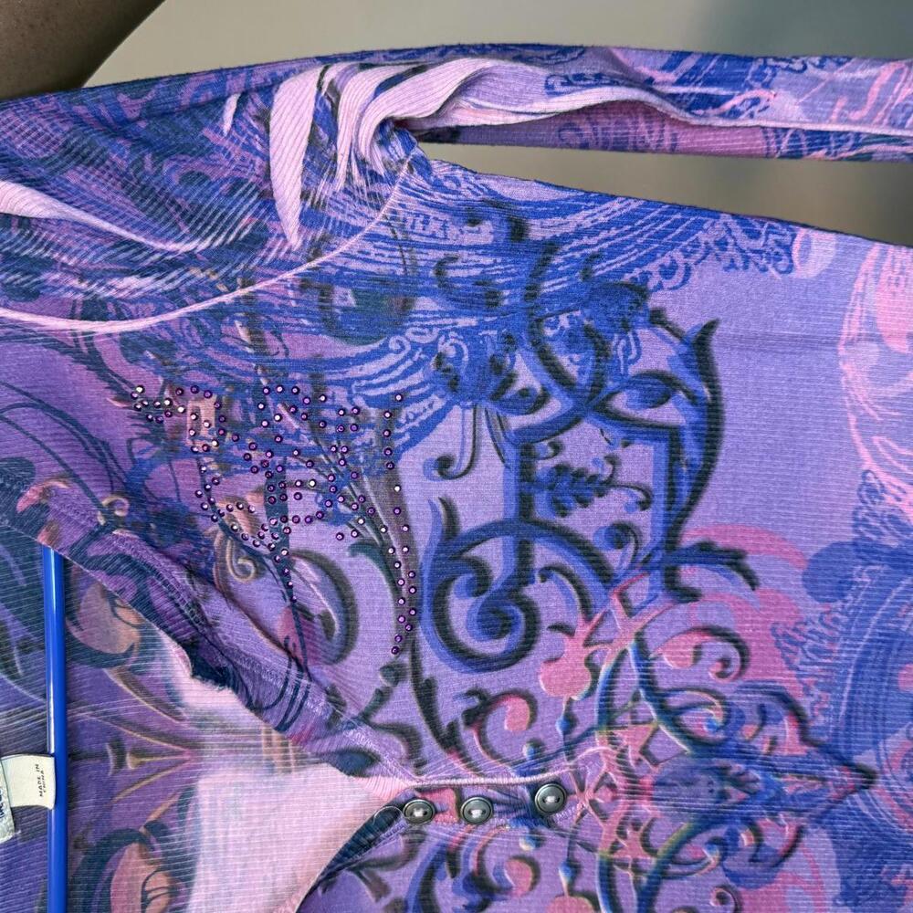 Y2K Style Purple Multi color Print All over Henley T-Shirt - Picture 3 of 4